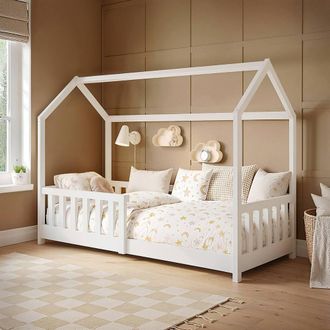 Flair Explorer Shorty Play House Floor Bed with Rails Wooden White | Size: Junior