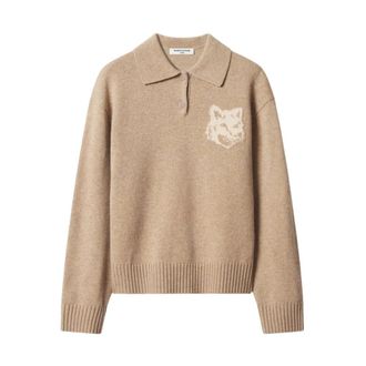 Maison Kitsun&eacute; Fox Head Intarsia Merino Polo Jumper - Dames - Tops - Beige - Maat: XS Wol