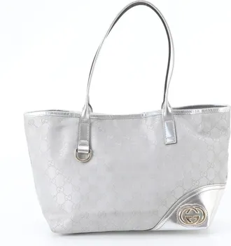 Gucci Silver Leather Canvas Handbag Shoulder Bag Tote Bag (Pre-Owned)