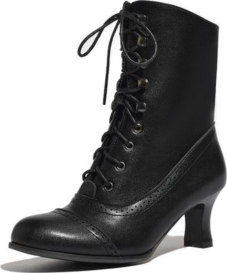 Generic Womens Ankle Boots Black PU Leather Round Toe Brogue Detail Lace Up Side Zip Stiletto Heel Comfortable Non Slip Wear Resistant Daily Casual Office Sty