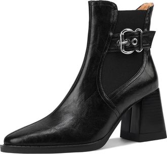 TinaCus Genuine Leather & Elastic Fabric Womens Squre Toe Handmade Buckle Zip Up Chunky Heels Ankle Boots, Black, 4 UK