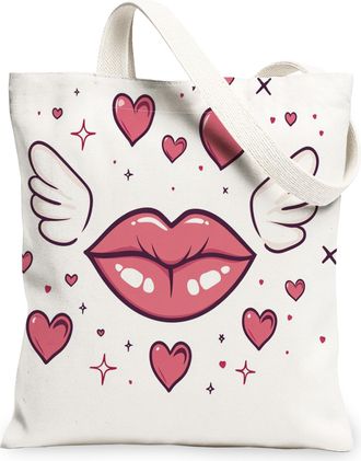 Generic Valentines Day Heart Canvas Tote Bags, Cute Lip Print Lightweight Reusable Shopping Bags, Chic Washable Shoulder Strap Canvas for Travel Gym Beach 13x