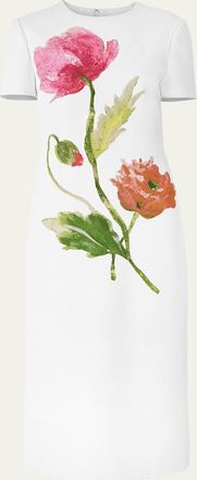 Carolina Herrera Flower-Print Crepe Short-Sleeve Midi Dress
