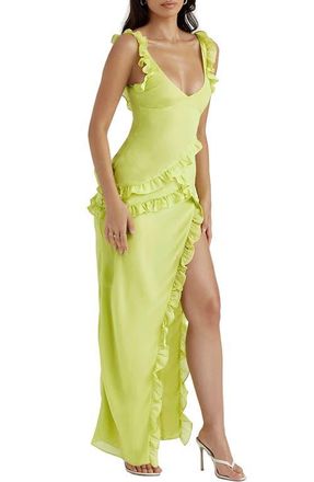 House of CB Pixie Ruffle Georgette Body-Con Cocktail Dress in Lime at Nordstrom, Size X-Large