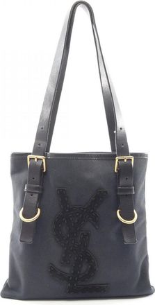 Saint Laurent Black Navy Canvas Leather Handbag Tote Bag (Pre-Owned)