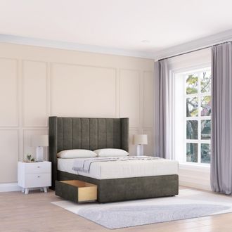 Sloomy Falcon Dumfries Wingback Bed Set, 2 Drawers & 54 Floor Standing Headboard in Dark Grey | Size: Double