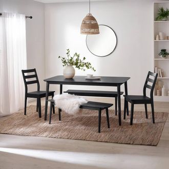 Furniturebox Lynton Large Black Wooden Dining Table with 2 Benches & 2 Chairs