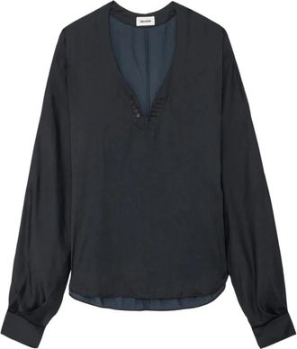 Zadig&Voltaire Wijde satijnen blouse - Dames - Blouses - Zwart - L - Satijn - Overhemden