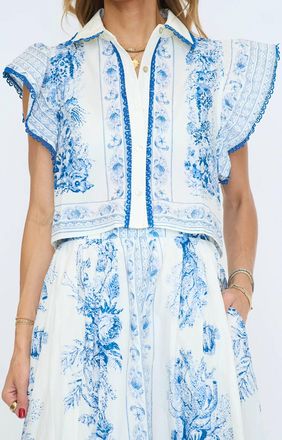 Entro Whispy Ruffle Detail Top In Blue/ White