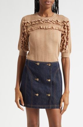 Ulla Johnson Salima Ruffle & Lace Merino Wool Sweater in Camel Melange at Nordstrom, Size X-Large