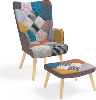 IDMarket Idmarket - Poltrona Scandinava Ivar Con Poggiapiedi In Tessuto Patchwork Multicolore