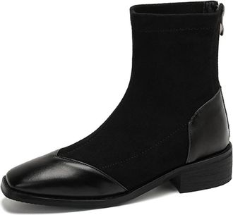 Generic Women Suede Knit Ankle Boots Square Toe Block Heels PU Leather Accents Side Zipper Stretchy Fit Sleek Casual Cushioned Comfortable Durable Fashion,Bla