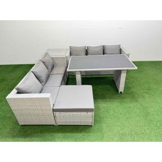 Fimous Rattan Garden Furniture Dining Set 7-seater Patio Rectangular Table Sofa Set with Side Table Big Stool Light Grey - Fimous
