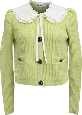 Self Portrait Knitted Peter Pan Collared Cardigan in Lime Green Cotton