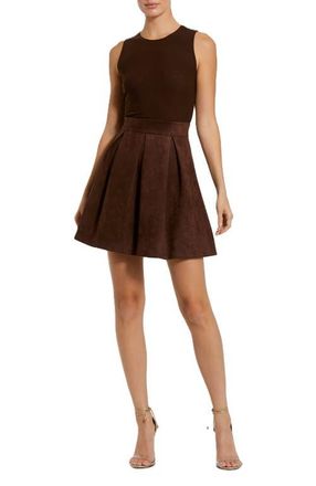 Mac Duggal Sleeveless Mesh And Suede A Line Mini Dress in Chocolate at Nordstrom, Size 12