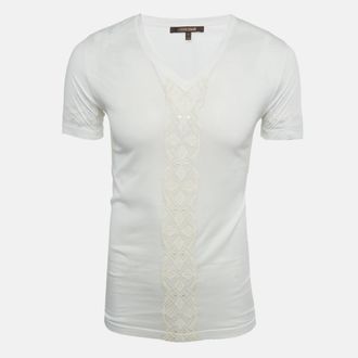 Roberto Cavalli White Embroidered Jersey V-Neck T-Shirt