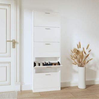 Berkfield Home Shoe Cabinet High Gloss White 59x17x169 cm Engineered Wood | Size: 59 x 17 x 169 cm