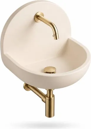 Saniclass Fuente Fonteinset - 46.5x35x43.2cm - solid surface off-white - fonteinkraan - afvoerplug - sifon - geborsteld messing