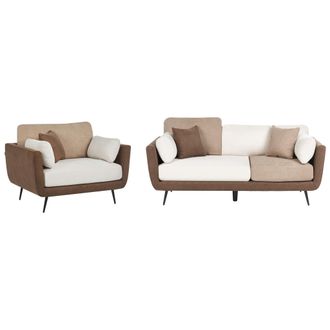 Beliani Conjunto De Sala De Estar Sof&aacute; Tapizado De 4 Plazas Con Reposabrazos Y Sill&oacute;n Patas Macizas Cojines Adicionales Marr&oacute;n Bolga