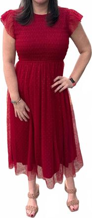 Blu Pepper Polka Dot Chiffon Smocked Midi Dress In Red
