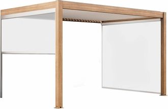 Oviala P&eacute;rgola bioclim&aacute;tica adosada de 3x4m y 2 persianas de madera blancas