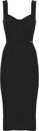 Elisabetta Franchi Heart-Neckline Fitted Black Midi Dress with Gold Logo Pin