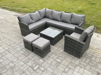 Fimous 9 Seater Outdoor Garden Furniture Set Wicker PE Rattan Corner Sofa Set with Square Coffee Table 2 Small Footstools Armchair in Dark Grey