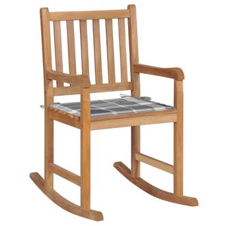 vidaXL Vidaxl - Silla Mecedora De Madera Maciza Teca Con Coj&iacute;n A Cuadros Grises