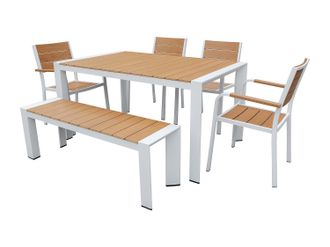 Vente-Unique Comedor de jard&iacute;n de aluminio: mesa L.150 cm, 4 sillones y 1 banco - Natural claro y blanco - NYROS de MYLIA