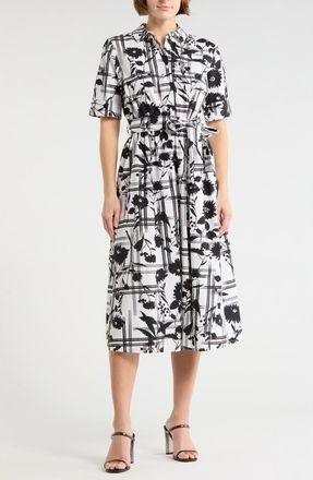 DKNY Collared Tie Waist Shirtdress in Black/Ivory at Nordstrom Rack, Size 12