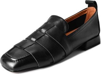 TinaCus Handmade Womens Soft Leather Square Toe Braided Style Slip On Loafers Flats Shoes, Black, 2 UK