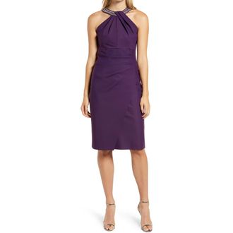 Alex Evenings Contour Collection Halter Embellished Cocktail Dress in Summer Plum at Nordstrom, Size 8