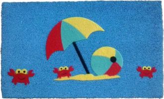 Imports Decor Crab Beach Coir Door Mat, Cute Ocean Coconut Fiber Doormat with Umbrella Design & Non-Slip PVC Backing, Indoor Outdoor Entrance Rug