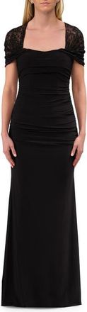 La Femme Long Evening Dress with Ruching and Lace Sleeve in Black at Nordstrom, Size 18