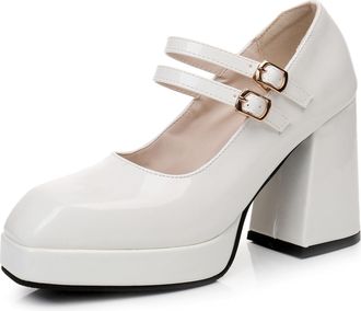 Generic MiaZane Womens Court Shoes Chunky Block Heel Double Buckle Square Toe Mary Jane Work Pumps Office Commuting Shoes for Daily Wear and City Walking Wide