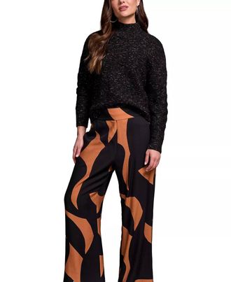 Tribal Speck Mock Neck Puff Sleeve High Low Sweater Top In Black