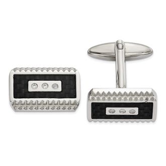Diamond2Deal Stainless Steel Polished and Textured Black Carbon Fiber Inlay Cubic Zirconia Cufflinks