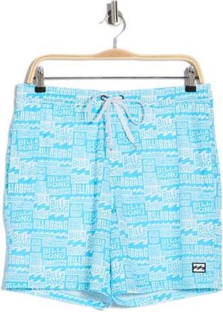 Billabong Allover Logo Volley Swim Trunks in Aquarius Blue at Nordstrom Rack, Size X-Large