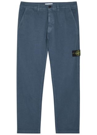 Stone Island Logo-appliqu&eacute;d Herringbone Cotton Trousers - Blue Dark - 36 (W36 / XL)