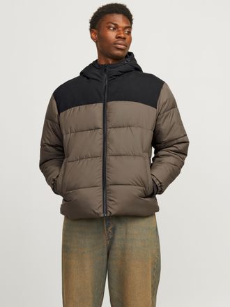 Jack & Jones Steppjacke JACK & JONES JJMOON HOOD PUFFER, Herren, Gr. S, braun (canteen detail:blocking), Web, Obermaterial: 100% Polyester, normal, elastischer Bun