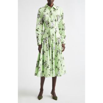 Emilia Wickstead Marione Lilac, Lilies & Cherry Print Long Sleeve Organic Cotton Shirtdress in Green-Lilac Lillies/Cherry at Nordstrom, Size 12 Us