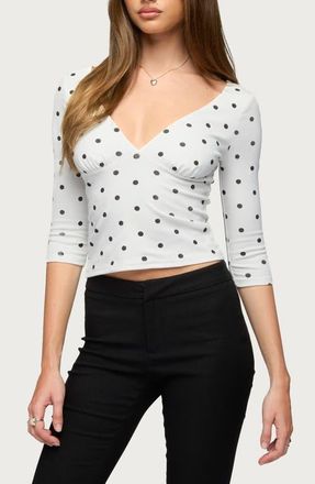 Edikted Katey V-Neck Polka Dot Stretch Cotton Top in White-And-Black at Nordstrom, Size X-Large
