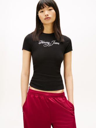 Tommy Jeans Kurzarmshirt TOMMY JEANS TJW SLIM ESS LOGO 1 RIB TEE EXT, Damen, Gr. 4XL (48), schwarz, Single Jersey, Obermaterial: 95% Baumwolle, 5% Elasthan, bedru
