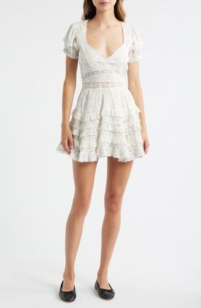 LoveShackFancy Nivara Lace Inset Tiered Cotton Mini Sundress in Chantilly at Nordstrom, Size X-Small