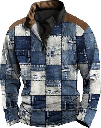 Generic Fashion Casual Half Zip Sweatshirt Men, Vintage Graphic Print Patchw Sweatshirt Without Hood Pullover Patchwork Top Henry Collar Long Sleeve Jacket Cr