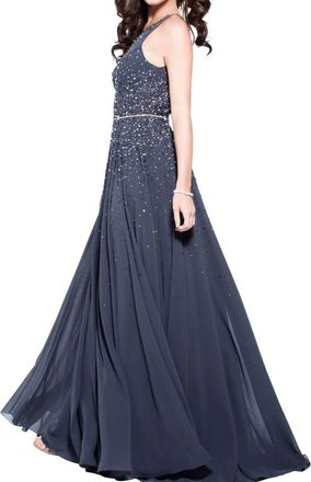 Jovani V-Neck Sleeveless Fitted Evening Gown In Charcoal