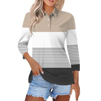 Generic Womens Polo Shirts 3/4 Sleeve Striped Color Block Button Up Golf Tennis Tops Dressy Casual Fitted Business Work T-Shirt(01, L) jeansbluse Damen