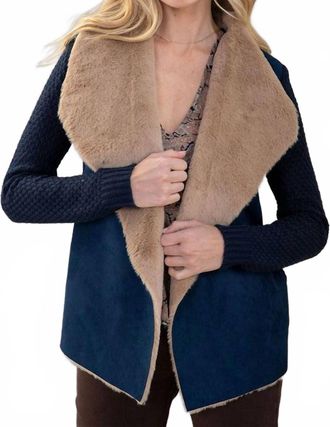Lovestitch Vegan Suede Fur Combo Short Cardigan In Navy/camel
