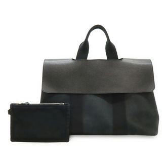 Herm&egrave;s Valparaiso Black Toile Chevron Leather Handbag Tote Bag (Pre-Owned)