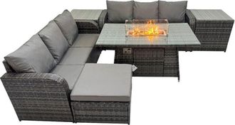 Fimous Garden Outdoor Rattan Furniture Set Rattan 3 Seater Sofa with Big Stool 2 Side Tables Dark Grey Mixed - Fimous